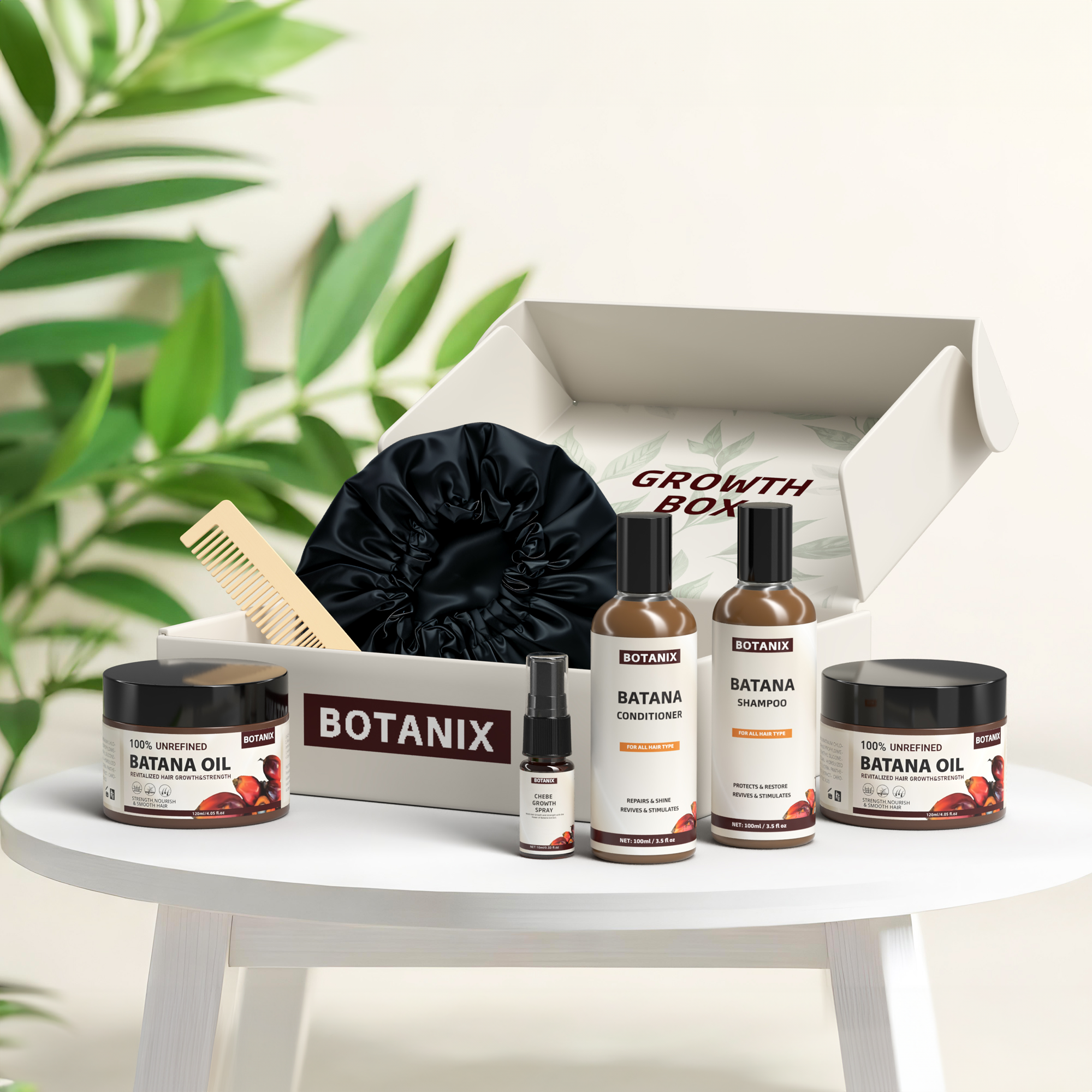 Jar of 100% unrefined Batana oil with packaging on a wooden platform.